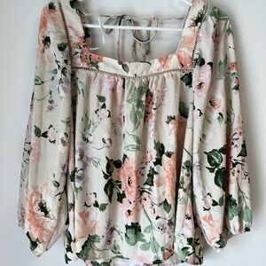 June and Hudson Floral 3/4 Sleeve Tunic Square Neckline Tie Back Size XL